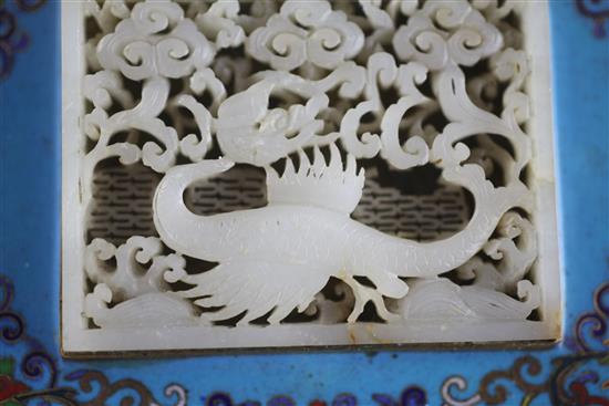 A 19th century Chinese rectangular cloisonne enamel box, mounted with a 17th/18th century white jade plaque, 10.3 x 9cm, height 6.5cm,